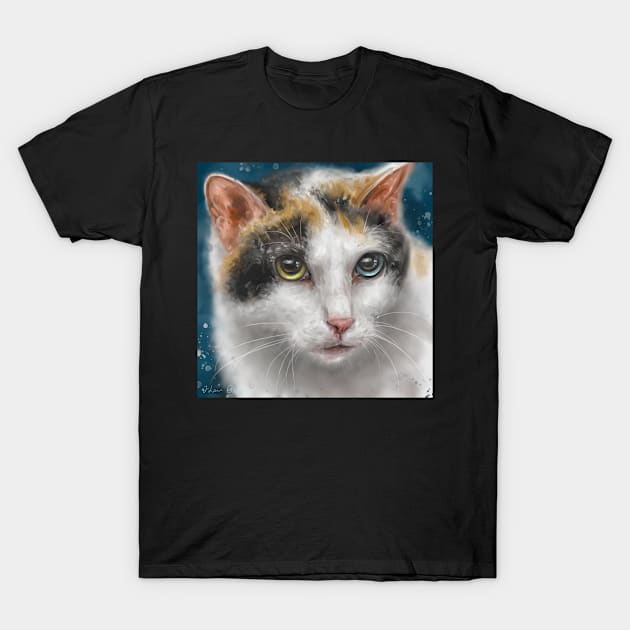 Painting of a Japanese Bobtail Cat with Gorgeous Blue and Green Eyes T-Shirt by ibadishi